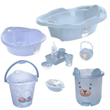 Imagem de Kit banheira de bebê plasutil 7 peças + kit higiene urso + bacia + lix