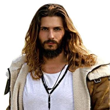 Imagem de TS Peruca Longa Cacheada Com Divisão Central, Cabelo Sintético Castanho Escuro Para Homens, Estilosa E Requintada