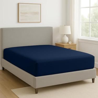 Imagem de Lençol Casal com Elástico 600 Fios Egípcio 100% Algodão – Tecido Premium e Toque Macio (Azul Marinho)