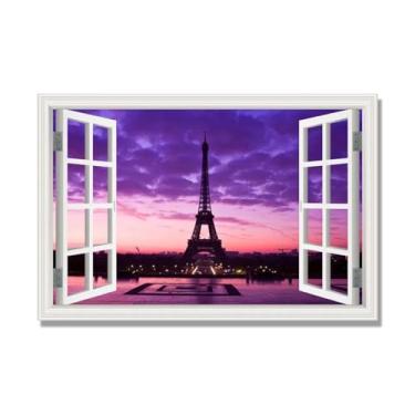Imagem de Janela de arte de parede com impressão em tela. Vista de janela falsa. Impressão de imagem natural em tela. Arte de cenário para decoração de sala de estar. (Vista da Torre Eiffel de Paris 06). 40 x