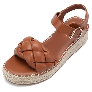 Imagem de MaxMuxun Sandálias femininas plataforma anabela bico aberto fivela alpargatas casuais verão trançado sandálias, Marrom PU, 5.5