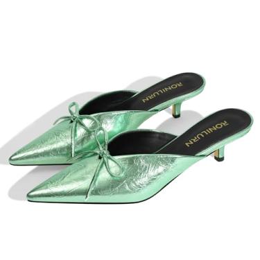 Imagem de RONILURN Salto gatinho feminino salto alto mules stiletto bico fechado bico fino salto baixo moderno metálico frente única festa de formatura elegante, Verde, 37