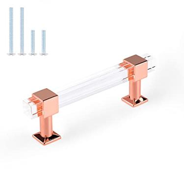 Imagem de Pacote com 5 puxadores Orger ouro rosa para armários de 8,8 cm, puxadores de gaveta de acrílico com tubo quadrado transparente, puxadores modernos decorados para armários de cozinha e quarto