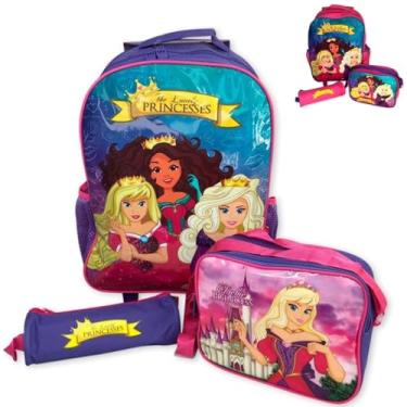Imagem de Kit Mochila Escolar Infantil Princesas, 3 Peças, Mochila de Rodinha 15L Rosa/Roxo + Lancheira Térmica + Estojo
