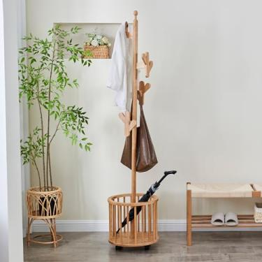 Imagem de Cabide de madeira independente – Cabideiro de madeira para chapéus de árvore com 12 ganchos, cabide para roupas, cabide com suporte de guarda-chuva, rodas para quarto, entrada, corredor, sala de estar
