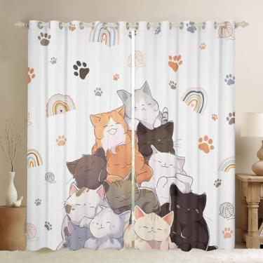 Imagem de Homewish Linda cortina de janela de gato, estampa de pata de gato colorido e cortinas de arco-íris para decoração de quarto de crianças, meninas, meninos, mulheres, desenho animado, animais de