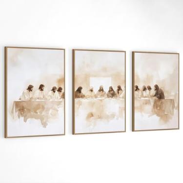 Imagem de GUBIYU Jesus Wall Art Framed Conjunto de 3 Cristãos Última Ceia Decoração de Parede Arte Cristo Jesus Tela Bíblia Pintura Renascentista Pôster Religioso As Últimas Super Imagens para Sala de Jantar