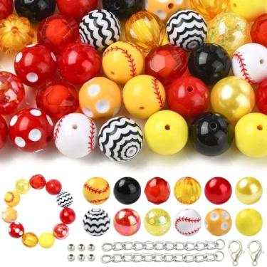 Imagem de UR URLIFEHALL 50 contas redondas de acrílico aleatórias de 20 mm com tema de beisebol colorido chiclete para pulseiras, chaveiros, colares, fabricação de joias