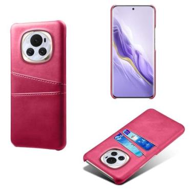 Imagem de Capas Compatível com Honor Magic6,Caso de couro PU-Tampa de telefone a prova de choque com 2 slots de cartão,Proteção anti-impressão digital e anti-gota-Rose Red