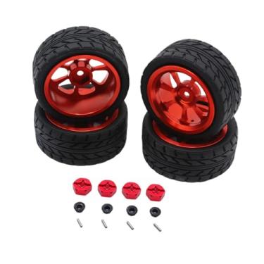Imagem de simhoa Kit de pneus RC Wheels, pneus de borracha RC, conjunto de aros de roda, substituição de adaptador sextavado de 12 mm, porca de roda M3 para 144001, Vermelho