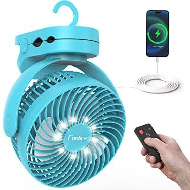 Imagem de Ventilador de acampamento com controle remoto - Ventilador alimentado por bateria recarregável de 12000 mAh, ventiladores de acampamento para barracas com luz LED e gancho de pendurar, ventiladores de