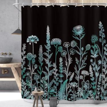 Imagem de Riyidecor Cortina de chuveiro floral de flores silvestres preta azul-petróleo para decoração de banheiro 72Wx72H azul turquesa ervas botânicas planta folha arte impressa tecido poliéster impermeável