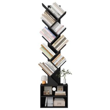 Imagem de Azaeahom Estante de árvore de 8 camadas, estante de madeira com armário de armazenamento, organizador moderno de estante estreita, prateleira de livros de chão para quarto/sala de estar/escritório em