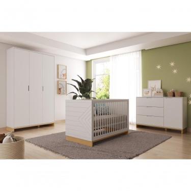 Imagem de Quarto Bebê 3 Pçs Berço Cômoda Grande E Roupeiro Linha Cubo Branco Plátano