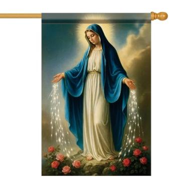 Imagem de Starlit Patio Bandeira da Casa Cristã 71 x 101 cm Bandeira de Jardim Virgem Maria Dupla Face Mãe Rezando Mãos Brilhantes Rosas Vermelhas Banner de Jardim Exterior Ração EUA Casa Jardim Igreja