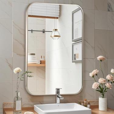 Imagem de CLBA Espelho de níquel escovado, espelho retangular de níquel escovado de 61 x 91 cm, espelho de banheiro emoldurado de liga de alumínio, espelho de banheiro retangular arredondado para pia