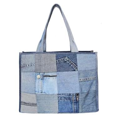 Imagem de Bijoux de Ja Upcycled Bolsa feminina de retalhos, bolsa jeans acolchoada feita à mão, bolsa grande vintage com alça superior