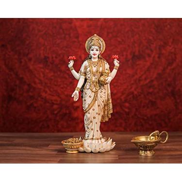 Imagem de SHIVAJIARTS Estátua Lakshmi, 26 cm pintada à mão, ídolo Lakshmi de mármore, deusa hindu do dinheiro, riqueza, abundância, fertilidade e prosperidade.