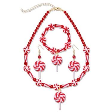Imagem de YAHPERN Conjunto de joias de doces para mulheres, colar de pirulito de bengala doce de Natal, brincos de pulseira, acessórios de fantasia de doces de Halloween, roupas de candyland, presentes, Zinco