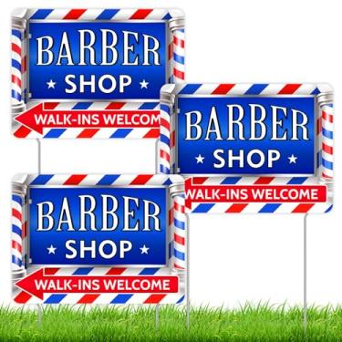 Imagem de Therwen Placa de barbeiro Walk Ins Welcome com 3 peças, 30 x 40 cm, placa de barbearia dupla face, listras azuis, decoração de barbearia, placas de jardim ao ar livre, com estacas para bar, café