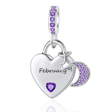 Imagem de QeenseKc Pingente de lua e estrela com pingente de coração de pedra do mês de fevereiro compatível com pulseira Pandora feminina