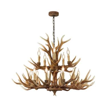 Imagem de Lustre de chifre de fazenda de 15 luzes, luminária de teto Art Deco vintage rústica - lâmpadas de LED compatíveis com sala de estar, cozinha, corredor e entrada (10 + 5 braços de lâmpada + 3 braços)