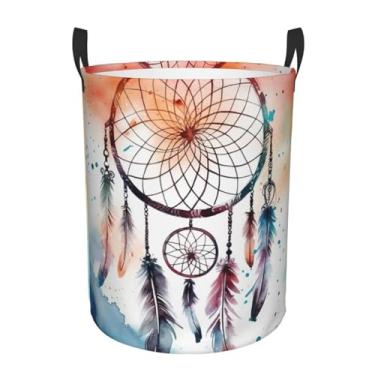 Imagem de Cesto de lavanderia dobrável à prova d'água para apanhador de sonhos em aquarela, cesto de armazenamento de roupas com alças, pano Oxford, organizador de brinquedos, cesta para banheiro, lavanderia