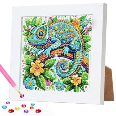 Imagem de RICUVED Kits de arte de diamante animal com moldura, kit de pintura de diamante verde para adultos iniciantes, kits de joias de mosaico camaleão DIY arte e artesanato para presente de decoração de