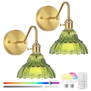 Imagem de Conjunto de duas arandelas de parede vintage operadas por bateria, luminárias de abajur de vidro verde de latão sem fio, recarregáveis, sem fio, RGB com controle remoto regulável, para quarto e sala