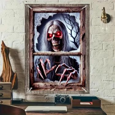 Imagem de BlissYard Capa de janela de Halloween assustadora caveira de olhos vermelhos bandeira quebrada cena lich explosiva decoração de janelas tema de mãos de esqueleto de terror 79 x 119 cm arte em tecido