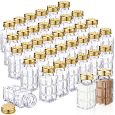 Imagem de Bokon Saleiro de vidro a granel com tampas inoxidáveis, pacote com 48 saleiros pequenos de 76,5 g para cozinha, restaurantes e suprimentos de festa de casamento (ouro, grade plana)