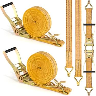 Imagem de Pacote com 2 correias de catraca resistentes, 5 cm, 32 m, catraca de amarrar, catraca com gancho duplo J, alça de carga de força de ruptura de 1,814 kg para movimento, reboques, motocicletas e teto de