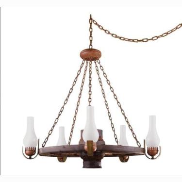 Imagem de Lustre Rústico Roda Carroça Estância Madeira e Vidro 5 Lâmp. Country M