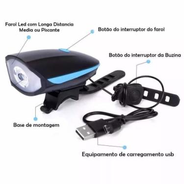 Imagem de Lanterna Farol Led Bike Buzina Prova D'água Recarregável USB - B2T, Az