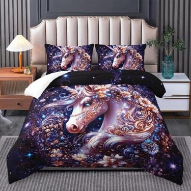 Imagem de Tuzaovy Conjunto de edredom solteiro de unicórnio para crianças e adultos, edredom de unicórnio para quarto de crianças, animais selvagens, 3D, edredom floral, decoração de quarto de adolescentes