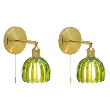 Imagem de Folux Arandela de parede tulipa verde moderna vintage conjunto de 2 com interruptor de corrente, moldura de metal de vidro verde e latão, abajur ajustável de 90 graus, sala de estar quarto corredor