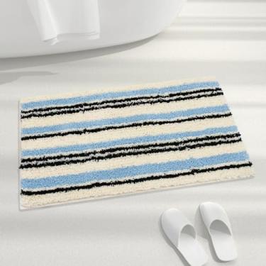 Imagem de Tapete de banheiro listrado azul antiderrapante, tapete de banho de microfibra absorvente fofo lavável, tapete de banheiro fofo para pia, banheira e chuveiro, 61 cm x 40 cm