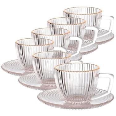 Imagem de Jogo de Xícaras Com Pires Graffiato para Café em Vidro Transparente Borda Dourada 90ML - 12 Peças