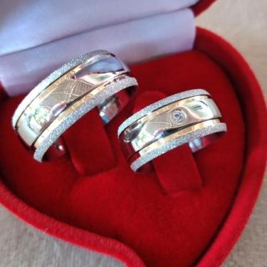 Imagem de Alianças Bodas de Prata Fio de Ouro kit PAR COM ANEL SOLITARIO - Bem C