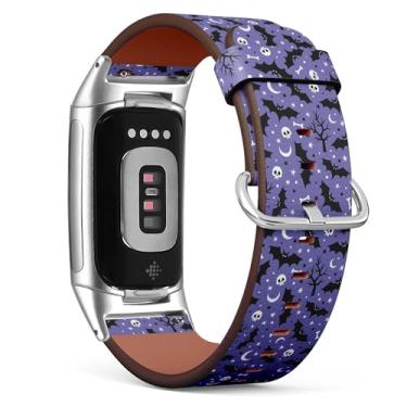 Imagem de Pulseira de couro de substituição para relógio Fitbit Charge 5 / Fitbit Charge 6 (Bats Moons) para smartwatch para mulheres e homens