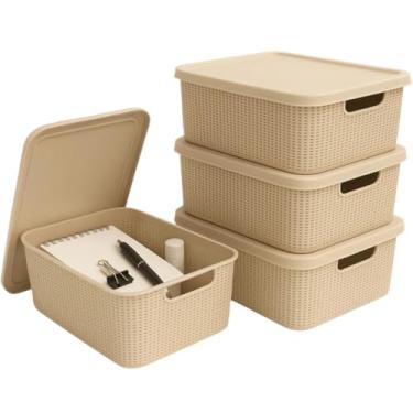 Imagem de Kit 4 Caixas Organizadoras 5 Litros Tampa Empilhável Textura Juta Plástico Resistente Multiuso Roupas Brinquedos Documentos (Bege)