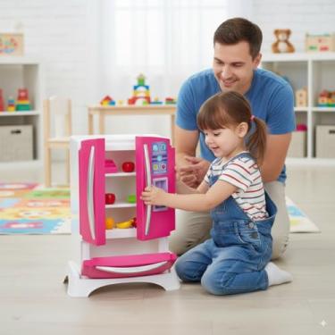 Imagem de Geladeira Infantil 2 Portas, Rosa, 38cm Altura, com Dispenser de Água, Utensílios e Alimentos em Miniatura, Brinquedo Educativo para +3 Anos