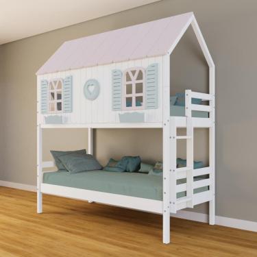 Imagem de Beliche Casinha Bela com Coração - Madeira Maciça Branco/Rosa/Verde | Housin