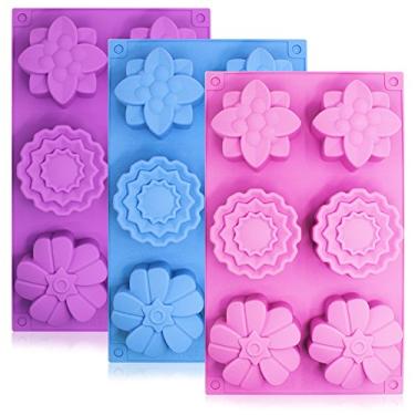 Imagem de 3 peças de moldes de bolo de flores de silicone, SENHAI 6 bandejas de sabonete para assar panelas de chocolate e biscoito de 6 cavidades – rosa, azul, roxo