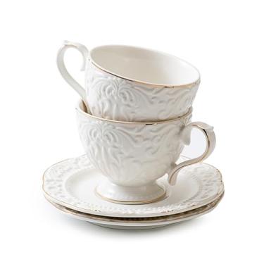 Imagem de KAITOER Conjunto de 2 xícaras de chá e pires, xícaras de café de cerâmica com design floral em relevo, 220 ml (209.8 g) xícaras de chá para festa de aniversário, café, casa, presente de dia das mães