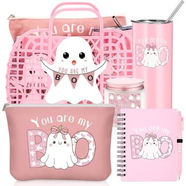 Imagem de Roshtia 7 peças You're My Boo Jelly Basket Stuffers para mulheres, sinal Ghost Boo, copo de 396 g, bolsa de maquiagem, jarra de vela, diário em espiral com cartão de caneta, bolsa de plástico, bolsa