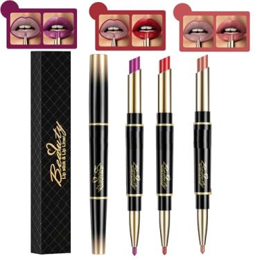 Imagem de Delineador labial fosco de cabeça dupla e conjunto de batom de longa duração, à prova d'água, à prova de manchas, delineador labial hidratante para mulheres. (3 peças)