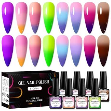 Imagem de Four Lily Conjunto de esmalte de gel que muda de cor, 8 cores, vermelho, rosa, azul, roxo, vermelho, marrom, mudança de temperatura, kit de esmalte em gel para imersão e arte de unhas, faça você mesmo