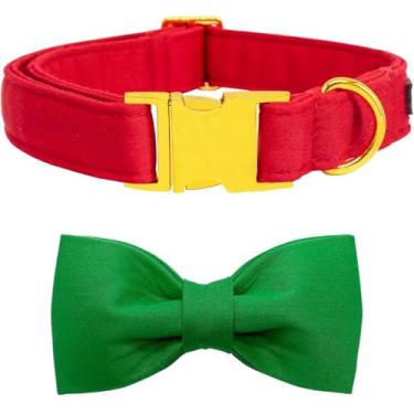 Imagem de Coleira e guia para cães Maca Bates - Verdadeiro vermelho e verde grama ajustável para festa de Natal para cães e coleira de algodão macio com fivela de metal dourado reforçada para cães ou gatos grandes
