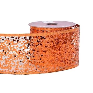 Imagem de YAMA Fita laranja para embrulho de presente 6,5 cm 10 metros com glitter diamante borda fita para arcos de árvore de Natal, fazer grinaldas, decoração de casa, artesanato faça você mesmo
